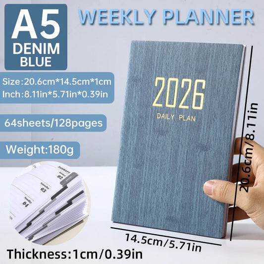 2026 A5 Weekly Planner Durable PU Cover 365 Days Daily Schedule Notebook Compact Calendar Journal School Office Agenda Organizer