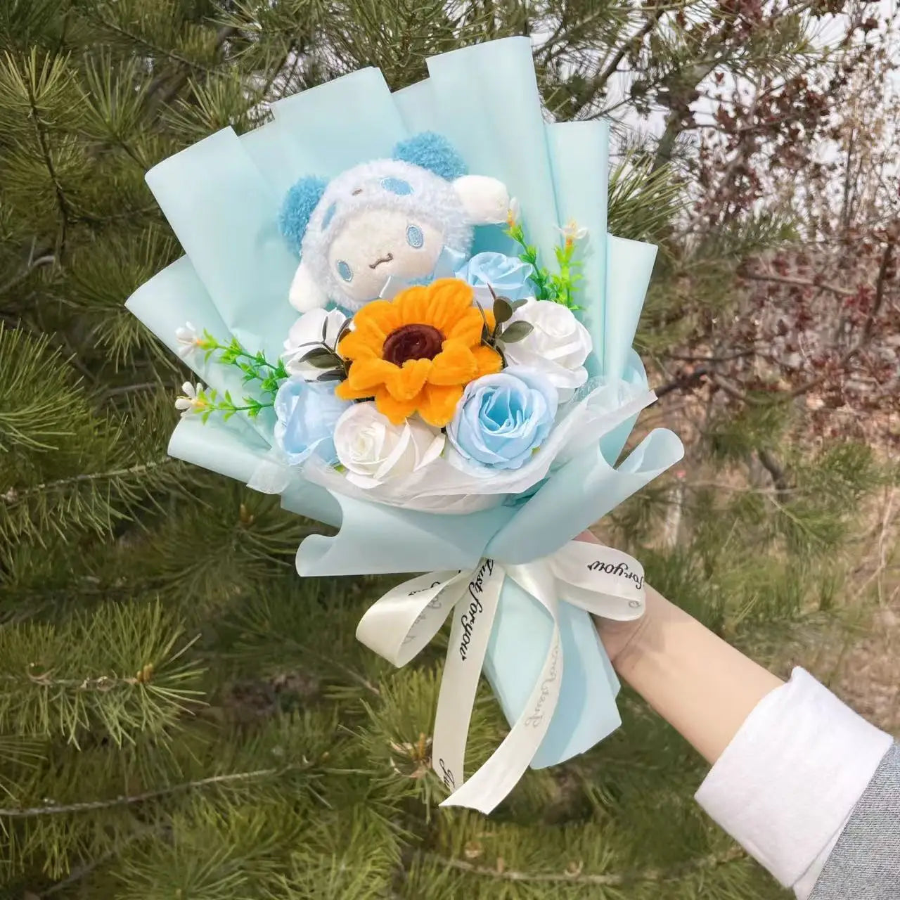 Cartoon My Melody Kuromi Cinnamoroll Kt Cat Plush Doll Holding Flower Bouquet Valentine's Day Christmas Graduation Birthday Gift