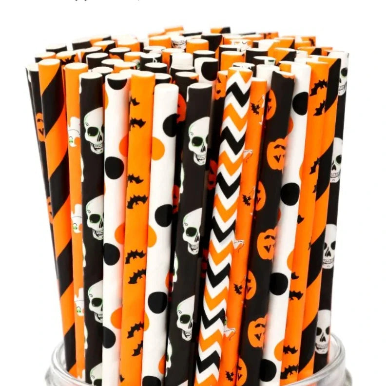 25/100pcs Halloween Party Paper Straws Biodegradable Bat Pumpkin Spider Straws for Spooky Halloween Party Halloween Decoration