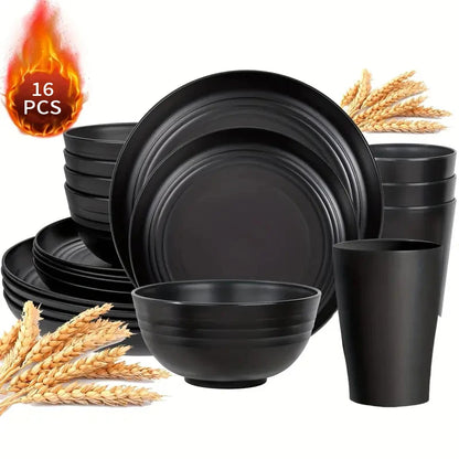 16 PCS| Plates and Bowls Sets for 4, Unbreakable Dinner Plate, Dessert Plates, Cereal Bowl, Drinking Cups, Microwave Safe Dishes