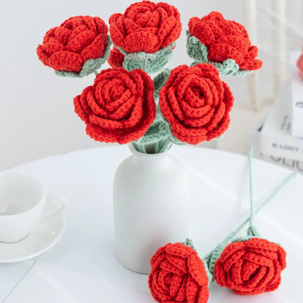 Artificial Handmade Crochet Yarn Rose Flowers Outdoor Garden Wedding Bridal Bouquets Home Vase Festival Diy Gift Valentine's Day