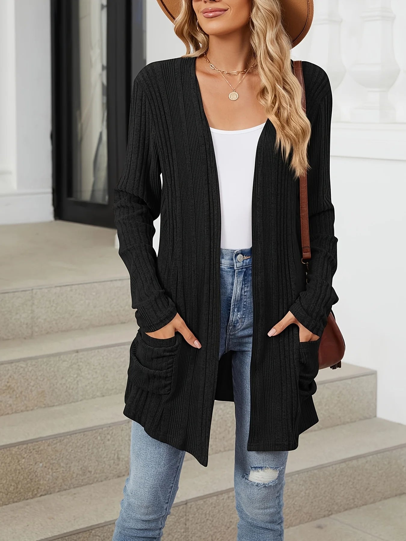 Plus-size European and American cross-border  autumn and winter new versatile casual solid color pocket cardigan