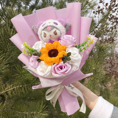 Cartoon My Melody Kuromi Cinnamoroll Kt Cat Plush Doll Holding Flower Bouquet Valentine's Day Christmas Graduation Birthday Gift