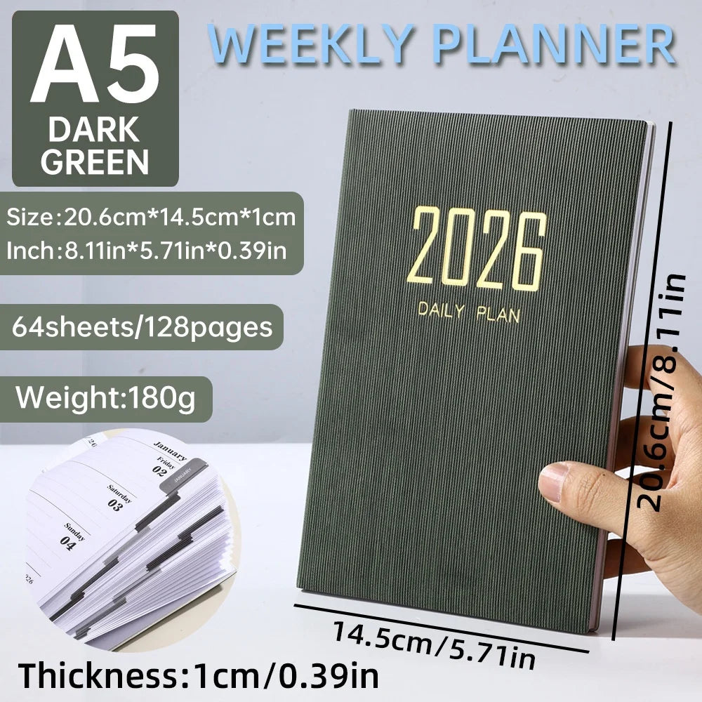 2026 A5 Weekly Planner Durable PU Cover 365 Days Daily Schedule Notebook Compact Calendar Journal School Office Agenda Organizer