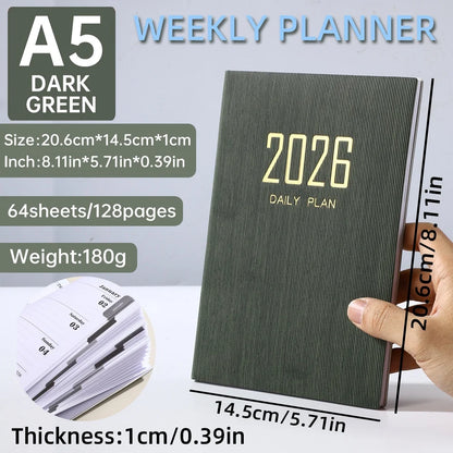 2026 A5 Weekly Planner Durable PU Cover 365 Days Daily Schedule Notebook Compact Calendar Journal School Office Agenda Organizer