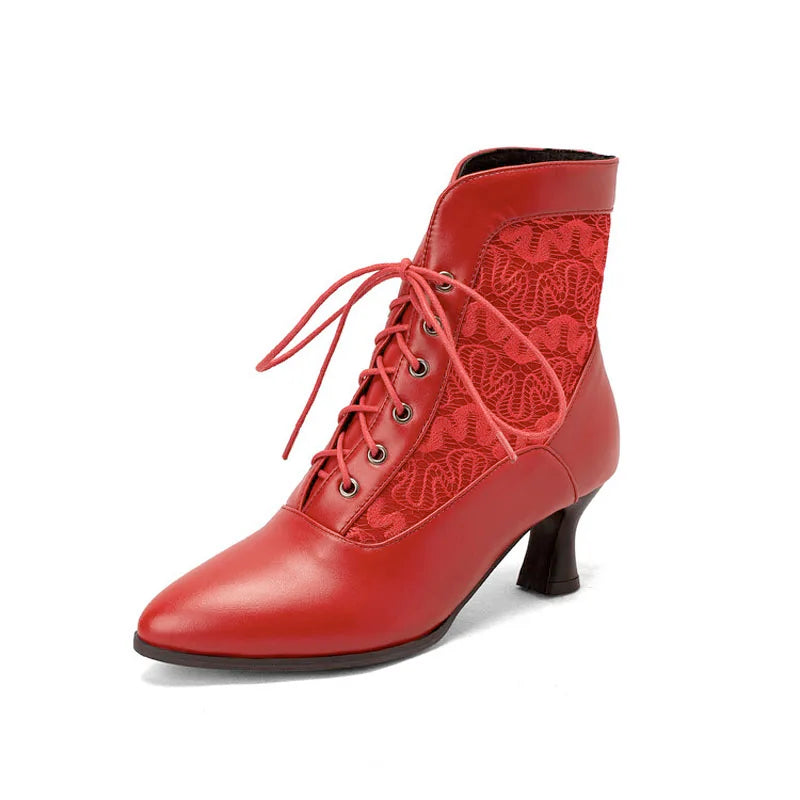 Lace-up Women Ankle Boots Middle Heels Custom Lace Pointed Toe Autumn Winter Women Shoes Black Red White Short Booties WSH4927