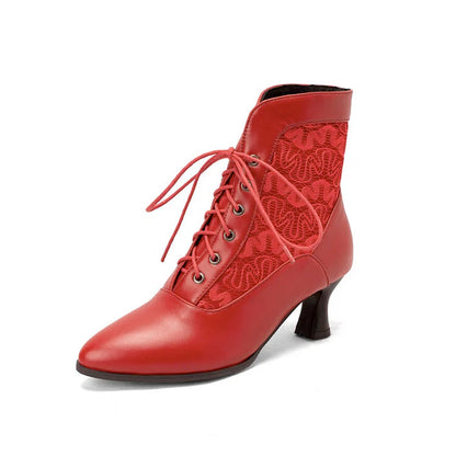 Lace-up Women Ankle Boots Middle Heels Custom Lace Pointed Toe Autumn Winter Women Shoes Black Red White Short Booties WSH4927