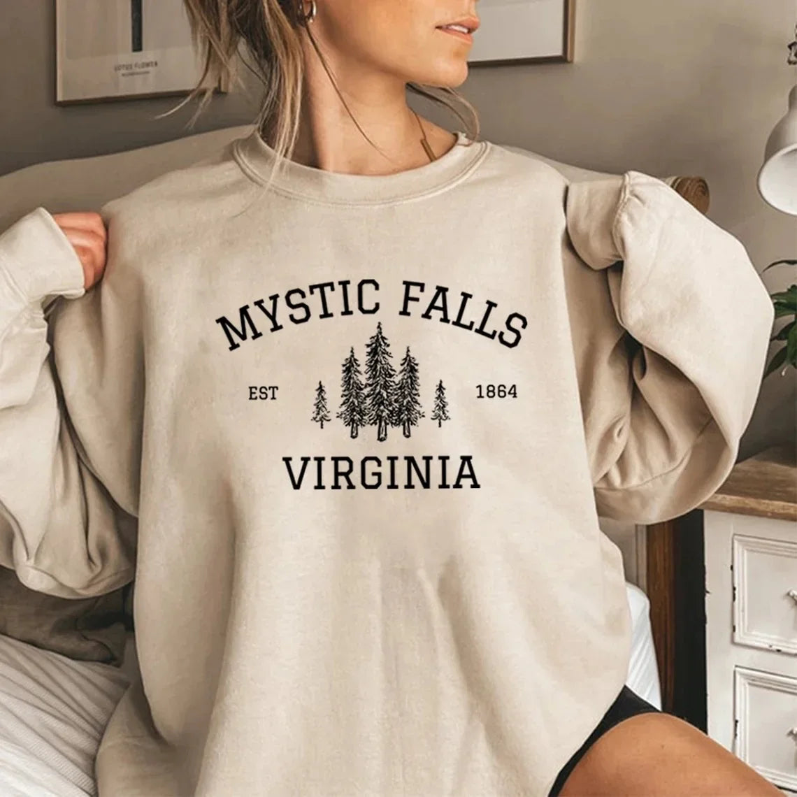 MYSTIC FALLS Women autumn and winter fashion sweatshirt digital printing round neck drop shoulder long sleeve sweatshirt