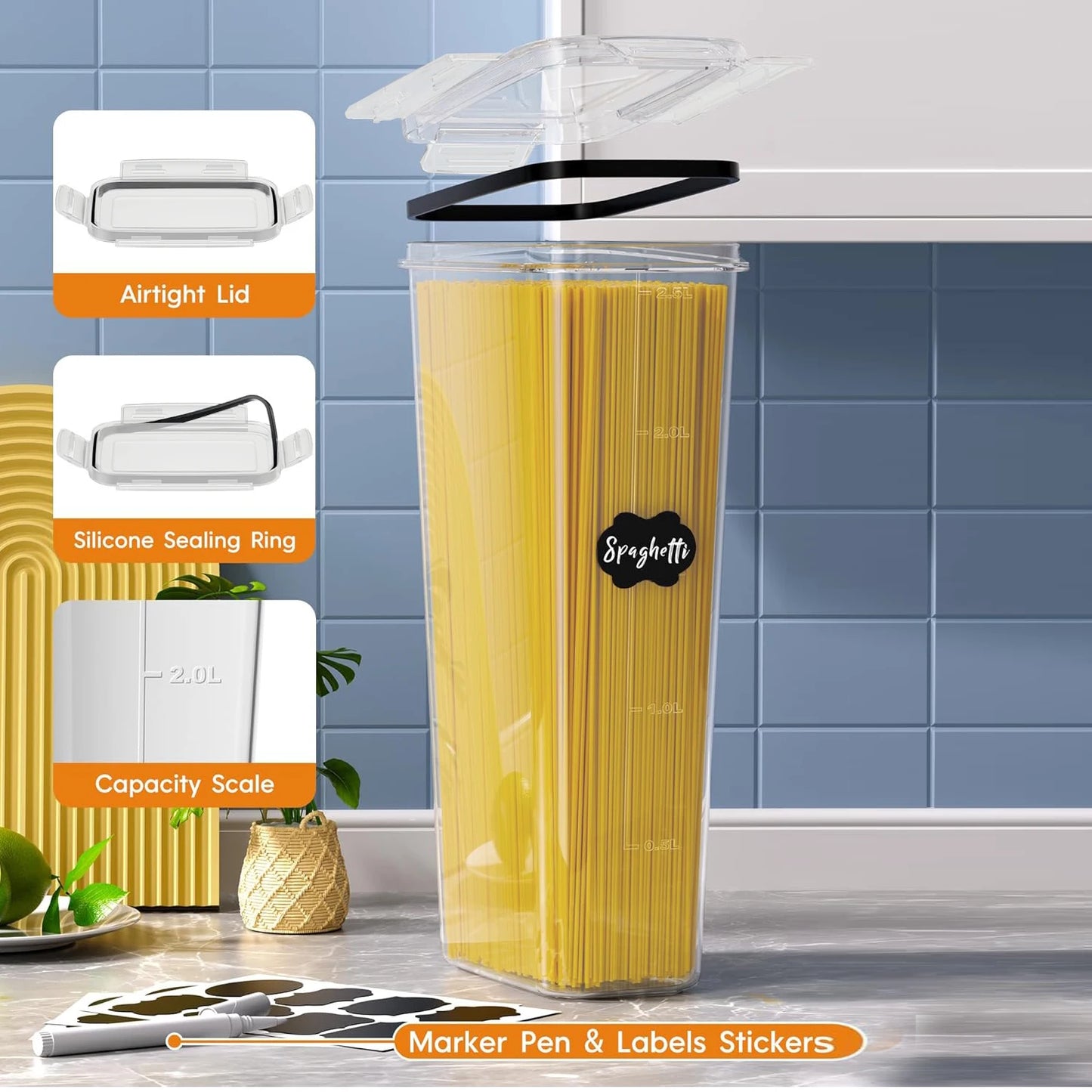 3/6Sets Airtight Food Storage Containers - 2.4L, Large for Pantry &amp; Kitchen Organization,For Cereal, Pasta, Flour, Sugar, Herbs,