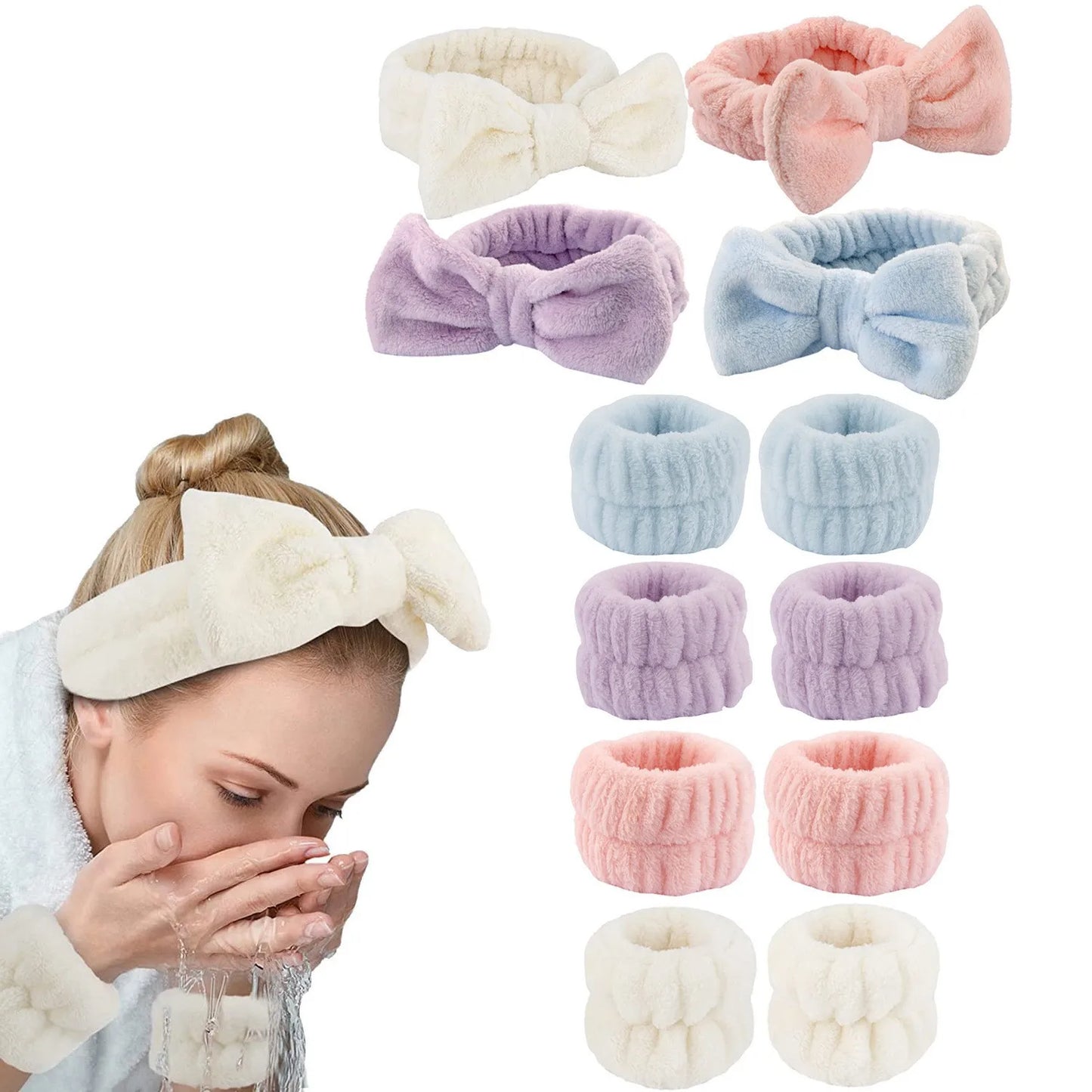 3 PCS Bow Headband And Wristband Set Soft Elastic Hairband Face Wash Makeup Skin Care Headband Spa Hair Band