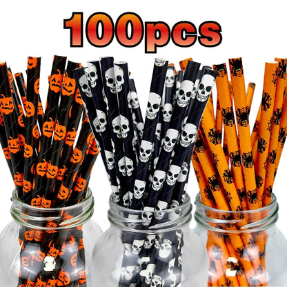 25/100pcs Halloween Party Paper Straws Biodegradable Bat Pumpkin Spider Straws for Spooky Halloween Party Halloween Decoration