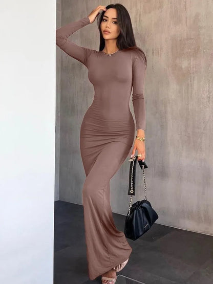 Trend Solid Color Slim Long Dresses Women Spring Autumn New Long Sleeve O Neck Package Hip Bodycon Dress Vestido Lady Streetwear