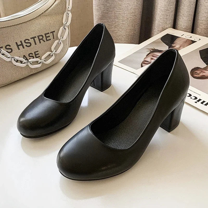Women's Pumps Spring Autumn Round Toe Fashion Black High Quality Square Heel Party Lady Elegant Mom Slip-on Casual Basic Shoes