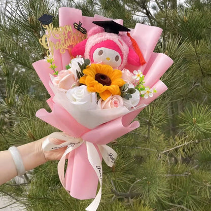 Cartoon My Melody Kuromi Cinnamoroll Kt Cat Plush Doll Holding Flower Bouquet Valentine's Day Christmas Graduation Birthday Gift