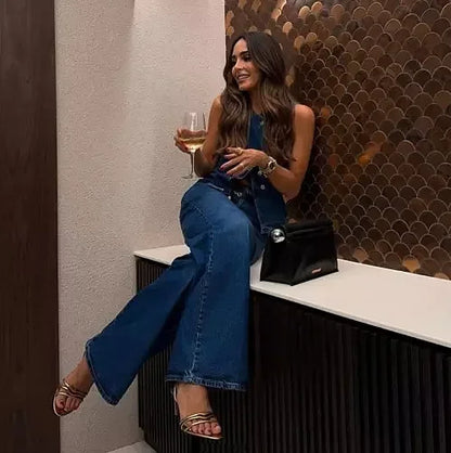 Jeans 2 Piece Set Women Streetwear Outfits Denim Vest Sleeveless Single Breasted Distressed Wide Leg Pants 2025 Casual Ensemble