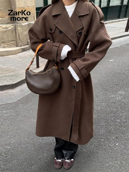 Elegant Belt Long Wollen Coat Women