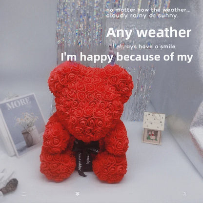 Home Romantic Valentine's Day Eternal Rose Bear, Christmas Wedding Floral Decoration Gift, Creative Rose Bear Hug Bear for Home