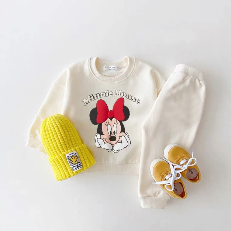 Mickey Printed Sweatshirts Baby Two Piece Set Disney Casual Pure Color Long Sleeve Outfits For Child Spring Autumn Clothing