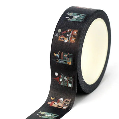 1pc 10M Deco Bat Rose Skull Black Cat Haunted House Halloween Masking Washi Tape Set for Scrapbooking Cute Journal Stationery