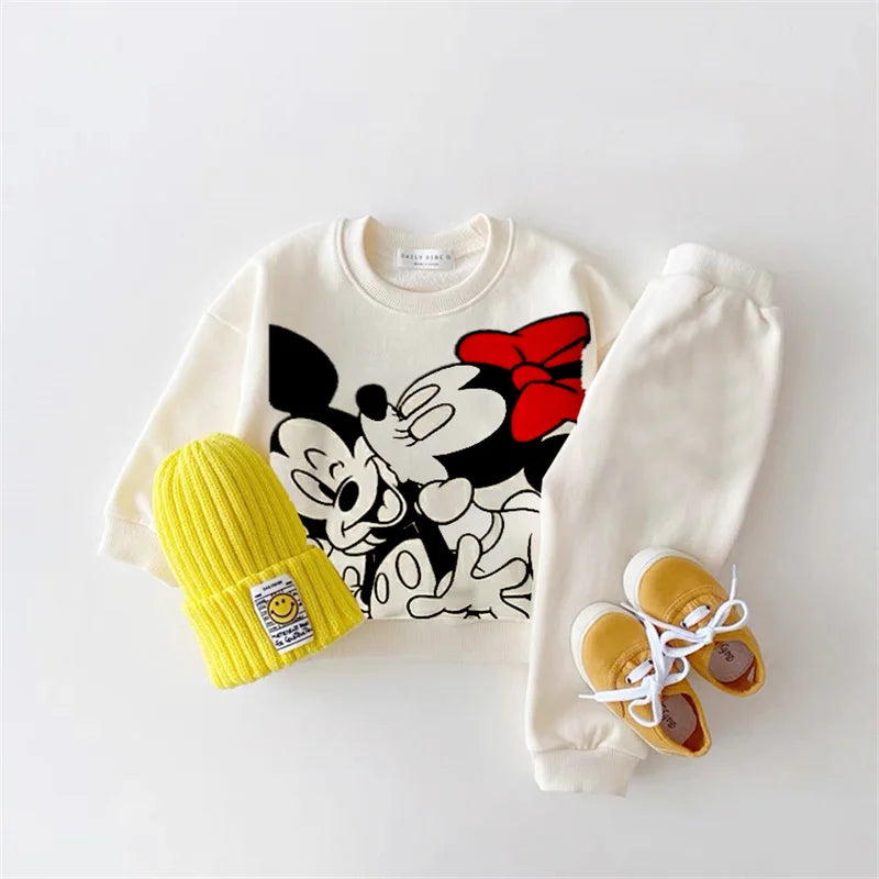 Mickey Printed Sweatshirts Baby Two Piece Set Disney Casual Pure Color Long Sleeve Outfits For Child Spring Autumn Clothing