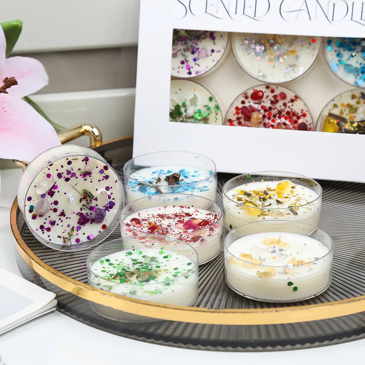 6-Pec Glitter Flower Candle Gift Set