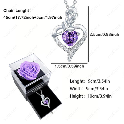 Purple Zircon Heart Pendant Necklace With Rose Box 2025 New Jewelry Set For Mother Christmas Valentine Day Wife Birthday Gift