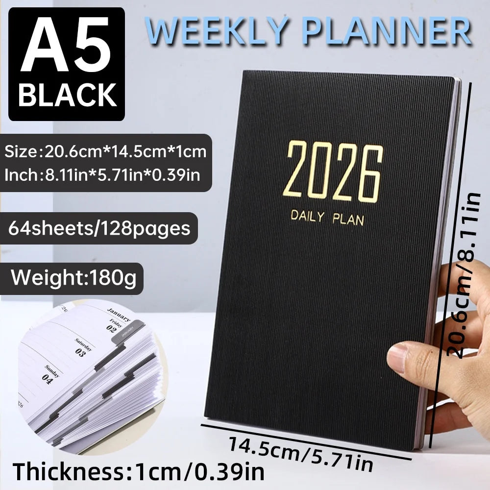 2026 A5 Weekly Planner Durable PU Cover 365 Days Daily Schedule Notebook Compact Calendar Journal School Office Agenda Organizer