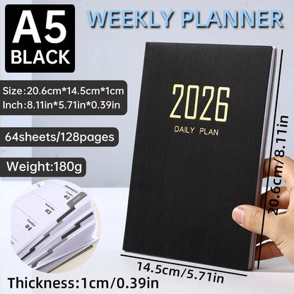 2026 A5 Weekly Planner Durable PU Cover 365 Days Daily Schedule Notebook Compact Calendar Journal School Office Agenda Organizer