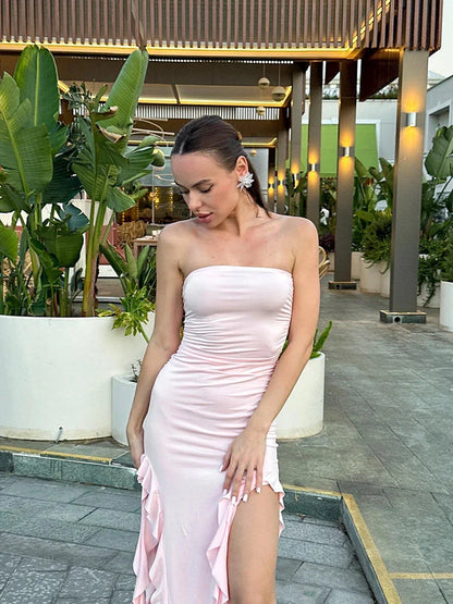 Strapless Off Shoulder Midi Dress Women Ruffles Split Beach Dress 2025 Summer Slim Fit Party Female Vestit