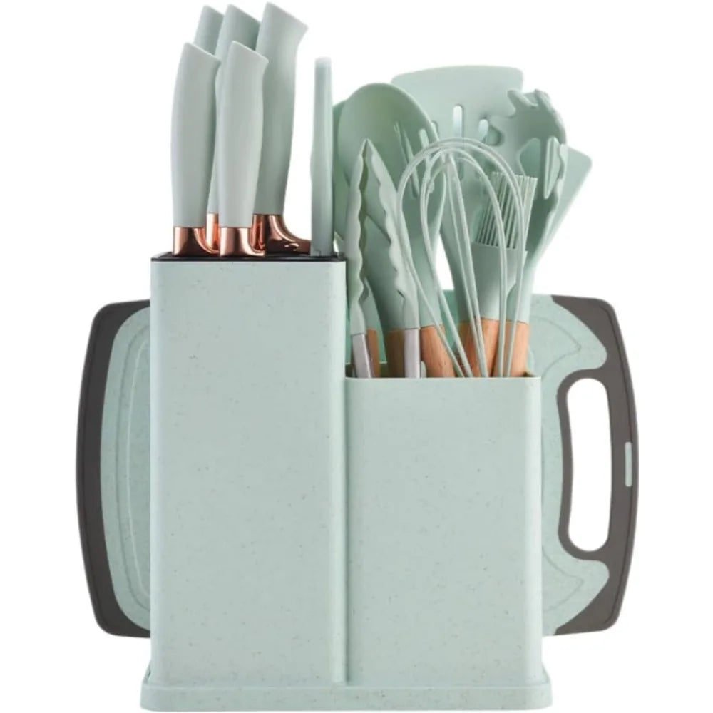 19 Peu Black Cutlery Set; Cooking Spatula Spoon Kitchenware with Storage Bucket Knife Set; Non-Stick Cookware