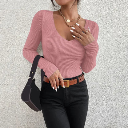 2025 Autumn Winter Women Solid Rib Knit V Neck Stripe Pull Sweater Femme Long Sleeve Pullover Jersey Tops Clothes