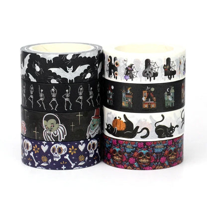 1pc 10M Deco Bat Rose Skull Black Cat Haunted House Halloween Masking Washi Tape Set for Scrapbooking Cute Journal Stationery