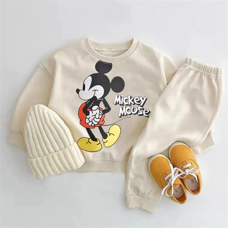 Mickey Printed Sweatshirts Baby Two Piece Set Disney Casual Pure Color Long Sleeve Outfits For Child Spring Autumn Clothing