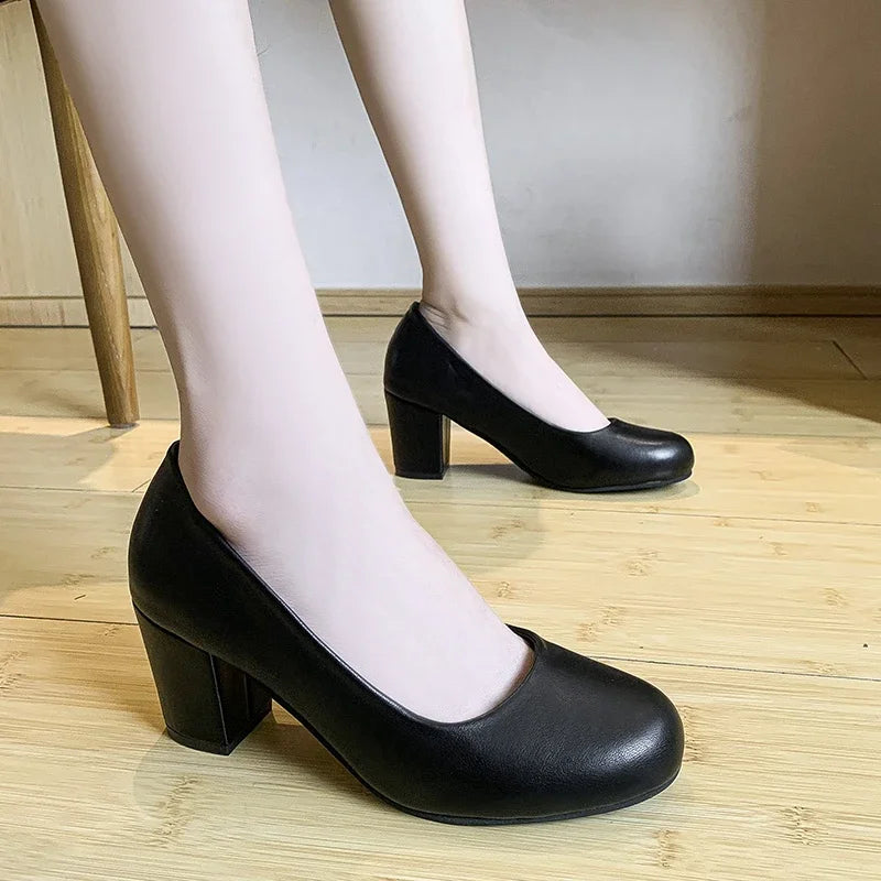Women's Pumps Spring Autumn Round Toe Fashion Black High Quality Square Heel Party Lady Elegant Mom Slip-on Casual Basic Shoes
