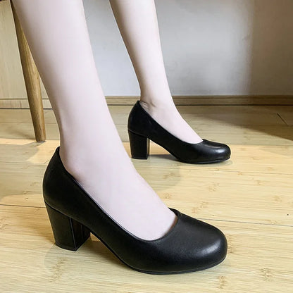 Women's Pumps Spring Autumn Round Toe Fashion Black High Quality Square Heel Party Lady Elegant Mom Slip-on Casual Basic Shoes