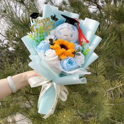 Cartoon My Melody Kuromi Cinnamoroll Kt Cat Plush Doll Holding Flower Bouquet Valentine's Day Christmas Graduation Birthday Gift