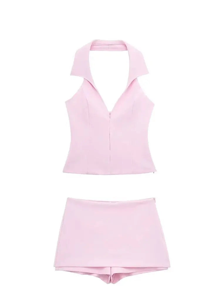 Women Casual Skirts Shorts Set Chic Halter Shirt Neck Backless Top &amp; Shorts Sweet Pink Summer Shorts Sets
