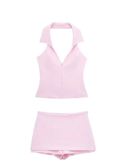 Women Casual Skirts Shorts Set Chic Halter Shirt Neck Backless Top &amp; Shorts Sweet Pink Summer Shorts Sets