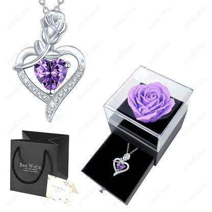 Purple Zircon Heart Pendant Necklace With Rose Box 2025 New Jewelry Set For Mother Christmas Valentine Day Wife Birthday Gift