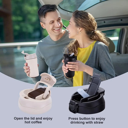 400ml Coffee Cup Stainless Steel Thermos with Straw Double-layer Vacuum Insulated Bounce Cup Portable Travel Car Creative Cup