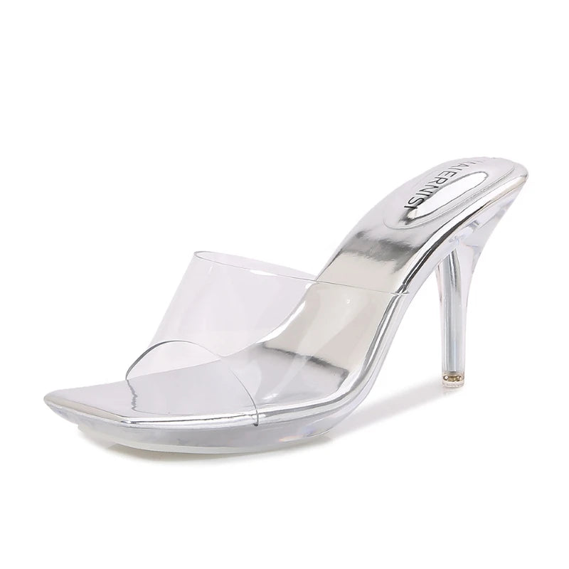 Transparent Square Toe Large Size High Heels In Europe And America Summer New Thick Heels Outside And Thin Heels Empty Sandals