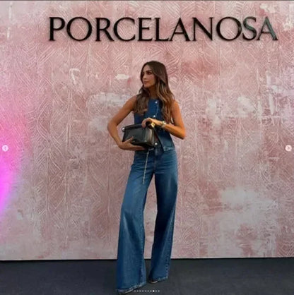 Jeans 2 Piece Set Women Streetwear Outfits Denim Vest Sleeveless Single Breasted Distressed Wide Leg Pants 2025 Casual Ensemble