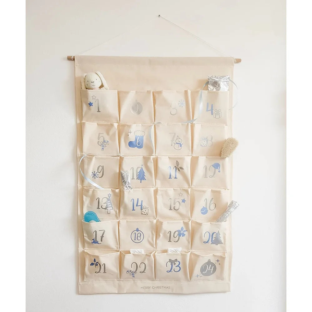 Advent Calendar Made of Fabric for Hanging with 24 Pockets To Numbers in Silver and Blue Christmas Home Wall Decoration New Year