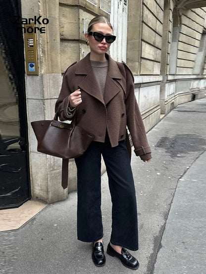 Elegant Belt Long Wollen Coat Women