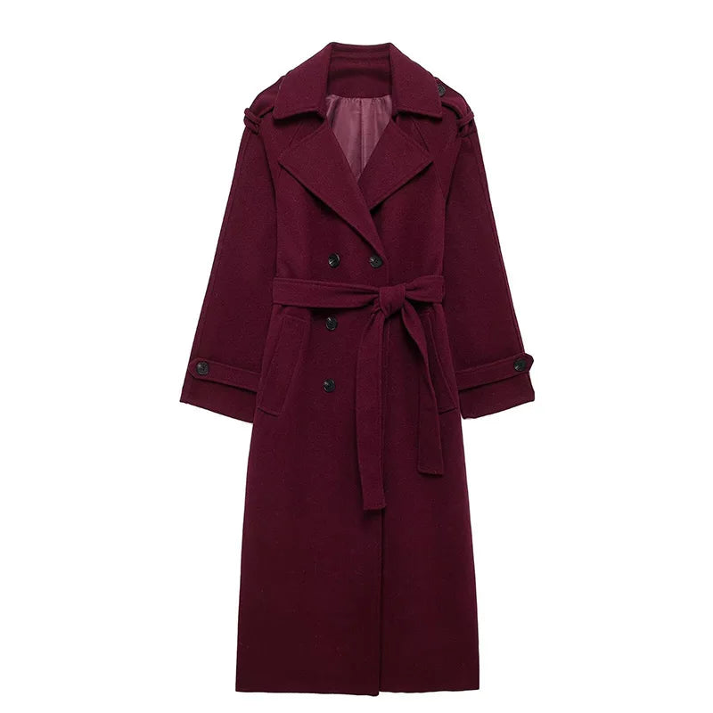 Elegant Belt Long Wollen Coat Women