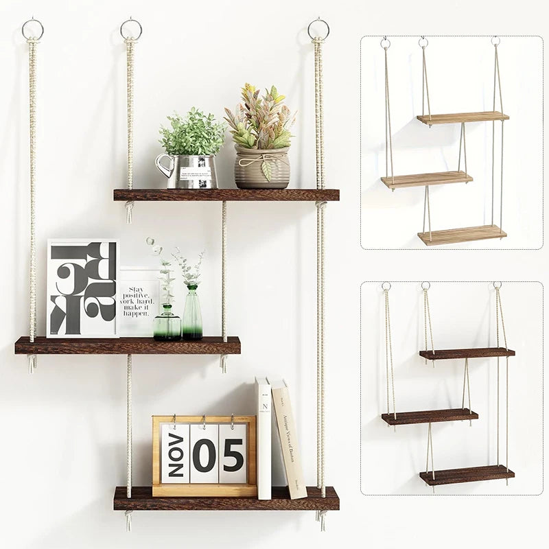 3 Tiers Floating Shelves Wooden Wall Mount Shelf Stands Nursery Book Display Ledges Flower Plant Rack Living Room Home Decor