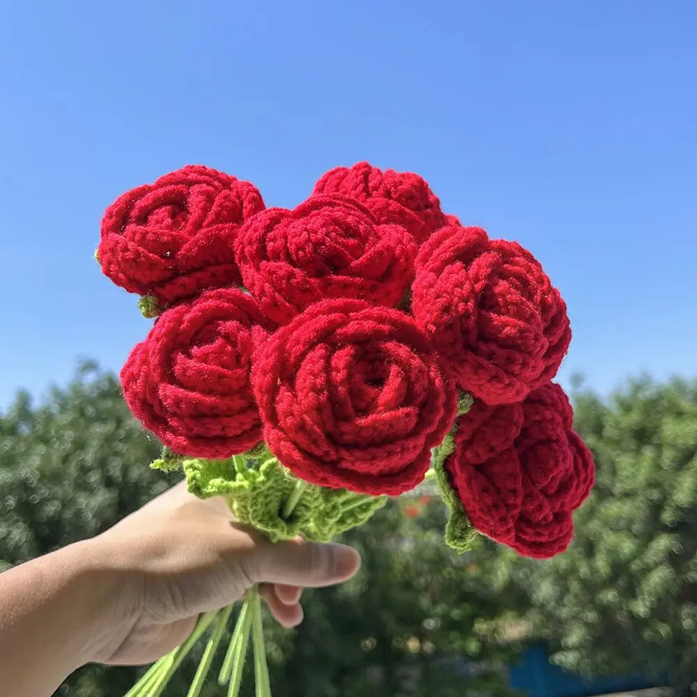 Artificial Handmade Crochet Yarn Rose Flowers Outdoor Garden Wedding Bridal Bouquets Home Vase Festival Diy Gift Valentine's Day