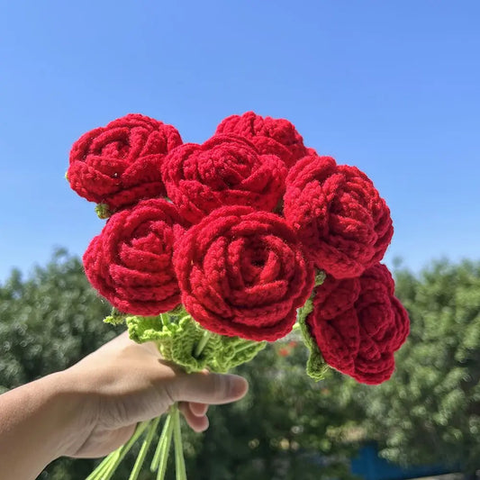 Artificial Handmade Crochet Yarn Rose Flowers Outdoor Garden Wedding Bridal Bouquets Home Vase Festival Diy Gift Valentine's Day