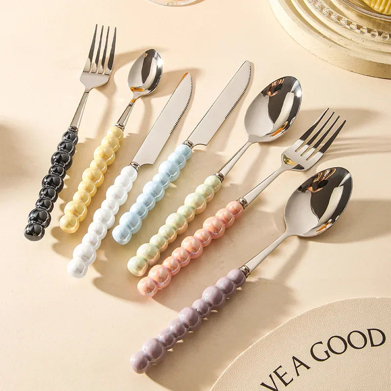 Ceramic Pearl Handle Cutlery Set Knife Fork Spoon Creative Cute Soup Spoon Western Food Steak Knife Spoon and Fork Set