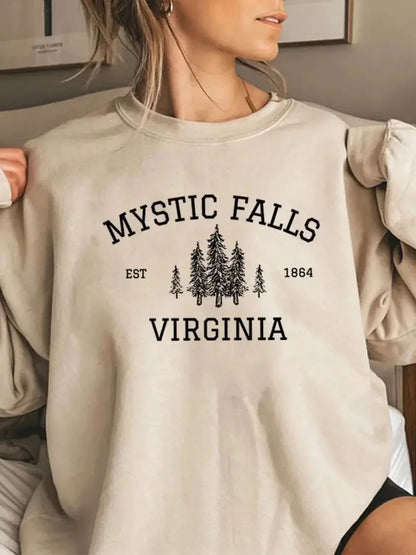 MYSTIC FALLS Women autumn and winter fashion sweatshirt digital printing round neck drop shoulder long sleeve sweatshirt